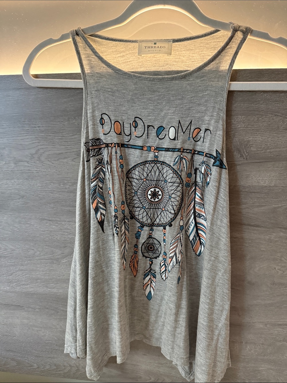 Gray 'DayDreamer' Dreamcatcher Tank with Teal & Coral Accents